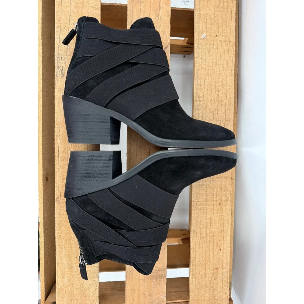 Eileen Fisher Black Suede Elastic‎ Strappy Ankle Booties Block Heel Size 7